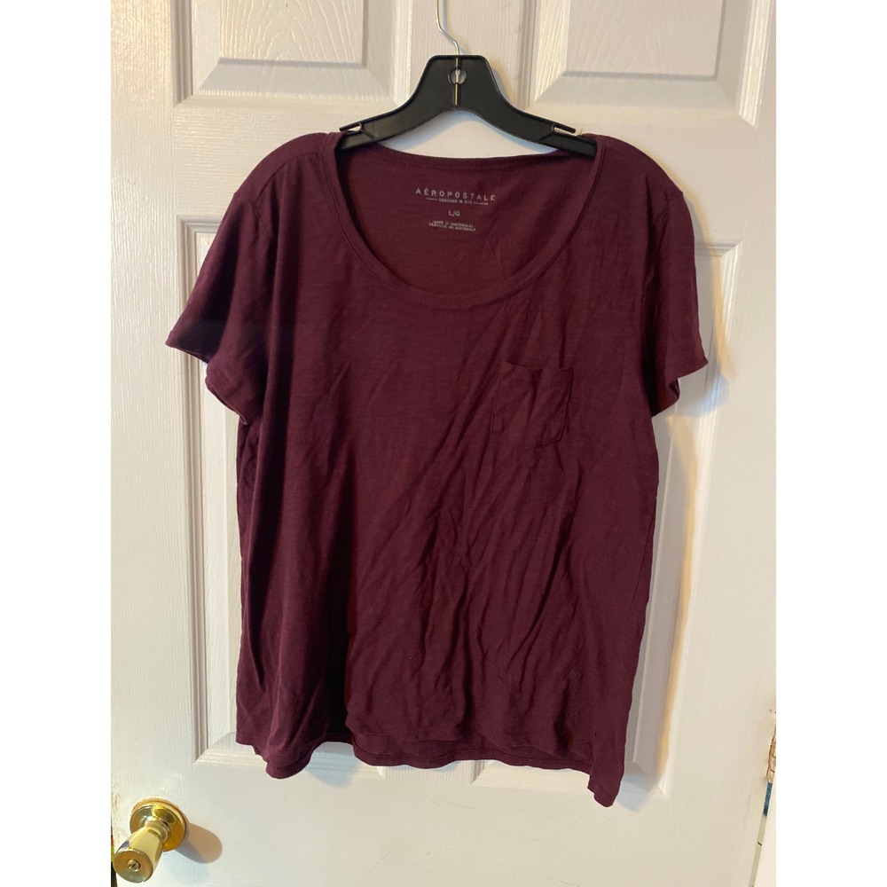 Aeropostale Womens Short Sleeve Pocket Tee Burgundy Maroon Scoop Neck Slub Top L